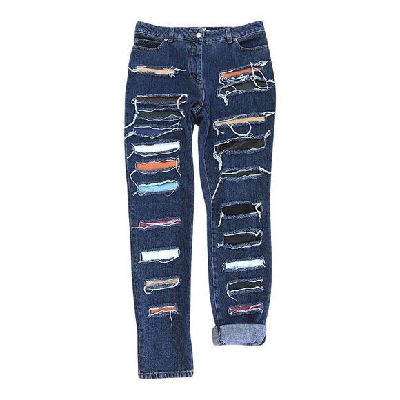 Jeremy Scott Ripped Denim Jeans Size 8 Multicolor Lamb Leather Patches Italy - Picture 3 of 10